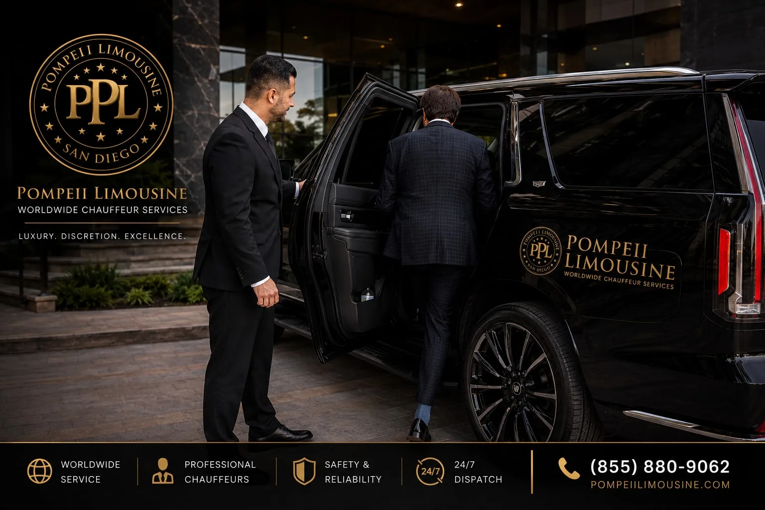 Professional chauffeur in black suit assists businessman into black luxury limousine at San Diego location.